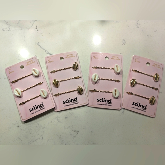 12 Scunci Cowrie Shell Hair Bobby Pins. Bundle of 4 packs of 3. Gold & White - Picture 1 of 4